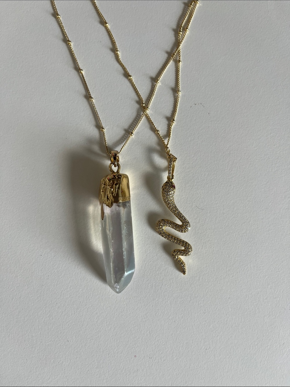 Gold Crystal Point & Gold Snake Pendant Layered Necklace Set